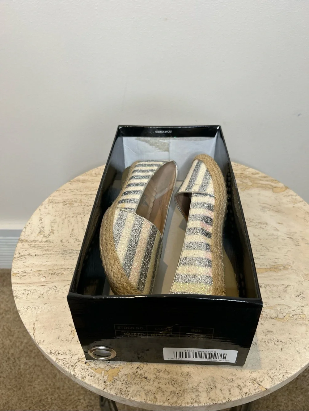 Joan Boyce Glitter Striped Espadrille Flats in Silver and Beige Size 8.5W